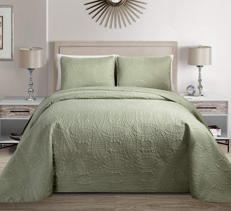 Linen Plus Collection 3 Pieces Full/Queen Over Size Embossed Coverlet Bedspread Set Solid Light Green106" x 100" New